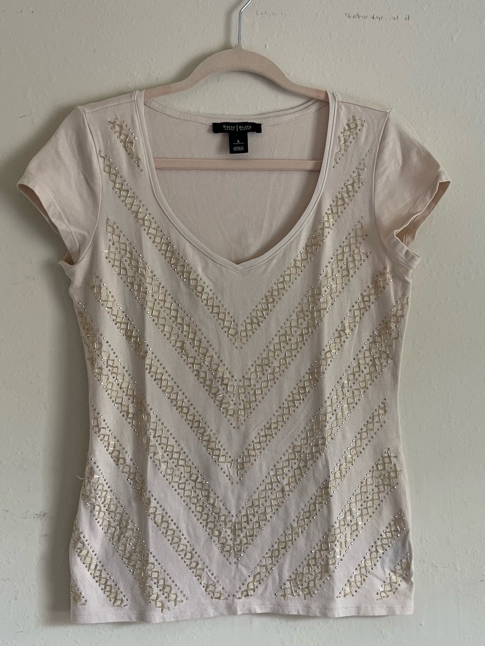 White House Black Market Cream Short-Sleeve V-Neck Tee with Gold Embellishment